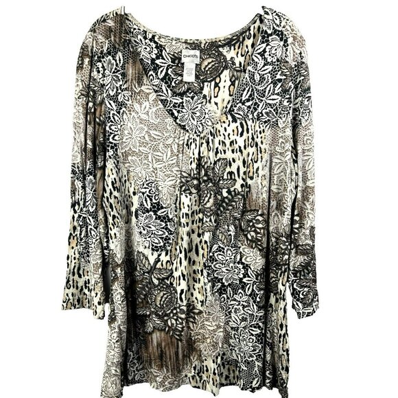 Chicos Women's Top XL V Neck Mixed Media Animal Cheetah Black Brown Stretch 3/4 - Picture 2 of 6
